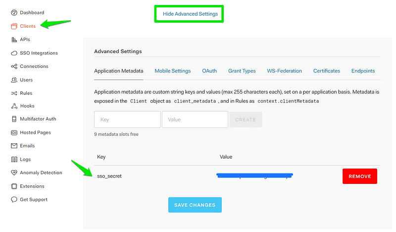 Auth0 Client Advanced settings to setup sso_secret